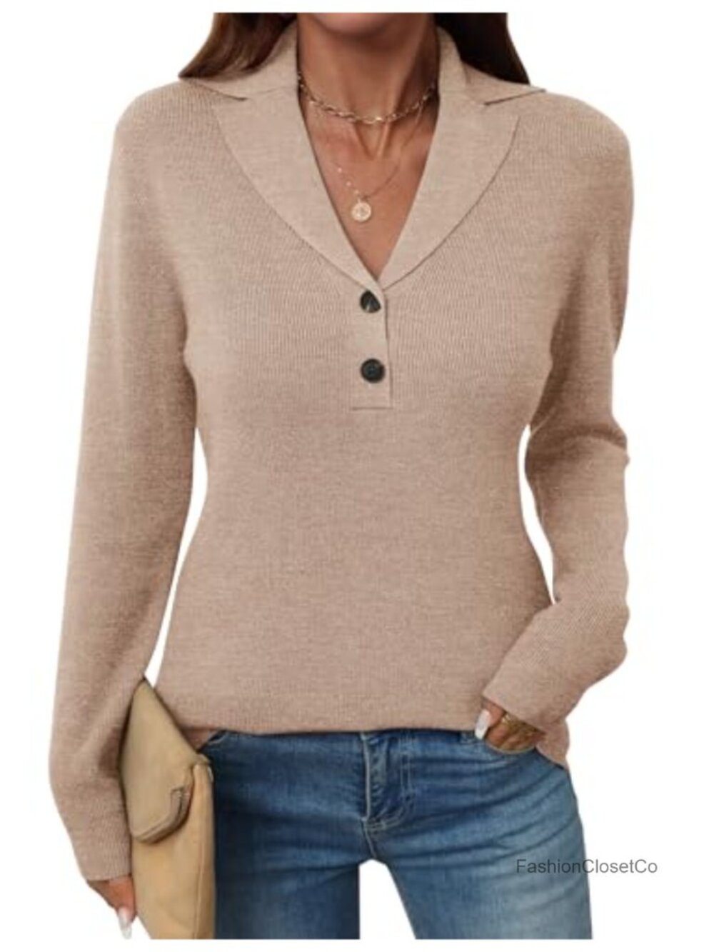Women's V-Neck Button Henley Knit Pullover Sweater Long Sleeve